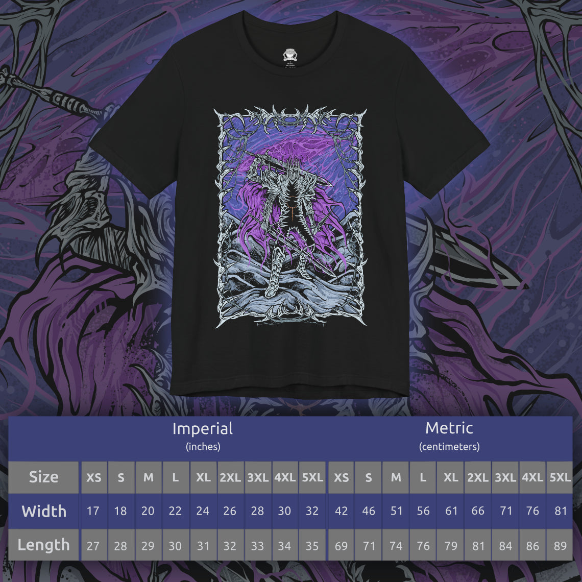 Size chart of a T-shirt showcasing Heolstor the Nightlord, the undead warlord of Elden Ring Nightreign who cheated death to claim dominion over the shattered world. With the power to summon horrors from beyond, he stands as the dark ruler of Limveld, opposed only by the Nightfarers of the Roundtable Hold. This artwork reflects his tragic origin and apocalyptic presence.