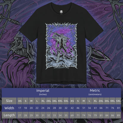 Size chart of a T-shirt showcasing Heolstor the Nightlord, the undead warlord of Elden Ring Nightreign who cheated death to claim dominion over the shattered world. With the power to summon horrors from beyond, he stands as the dark ruler of Limveld, opposed only by the Nightfarers of the Roundtable Hold. This artwork reflects his tragic origin and apocalyptic presence.