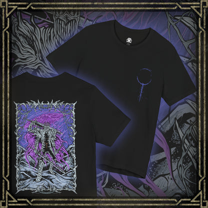 Thumbnail of a T-shirt showcasing Heolstor the Nightlord, the undead warlord of Elden Ring Nightreign who cheated death to claim dominion over the shattered world. With the power to summon horrors from beyond, he stands as the dark ruler of Limveld, opposed only by the Nightfarers of the Roundtable Hold. This artwork reflects his tragic origin and apocalyptic presence.