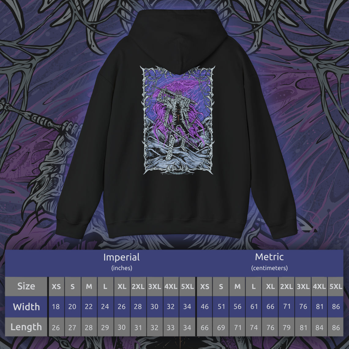 Size chart of a Elden Ring Nightreign Hooded Sweatshirt featuring Heolstor the Nightlord, the cursed knight who rose alone from a grave of fallen warriors. Now master of the Night’s Tide, he summons abominations and champions from other worlds to spread darkness across the Lands Between. This design embodies the despair, power, and myth of one of the game’s most fearsome lords.