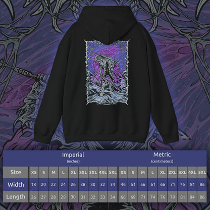 Size chart of a Elden Ring Nightreign Hooded Sweatshirt featuring Heolstor the Nightlord, the cursed knight who rose alone from a grave of fallen warriors. Now master of the Night’s Tide, he summons abominations and champions from other worlds to spread darkness across the Lands Between. This design embodies the despair, power, and myth of one of the game’s most fearsome lords.