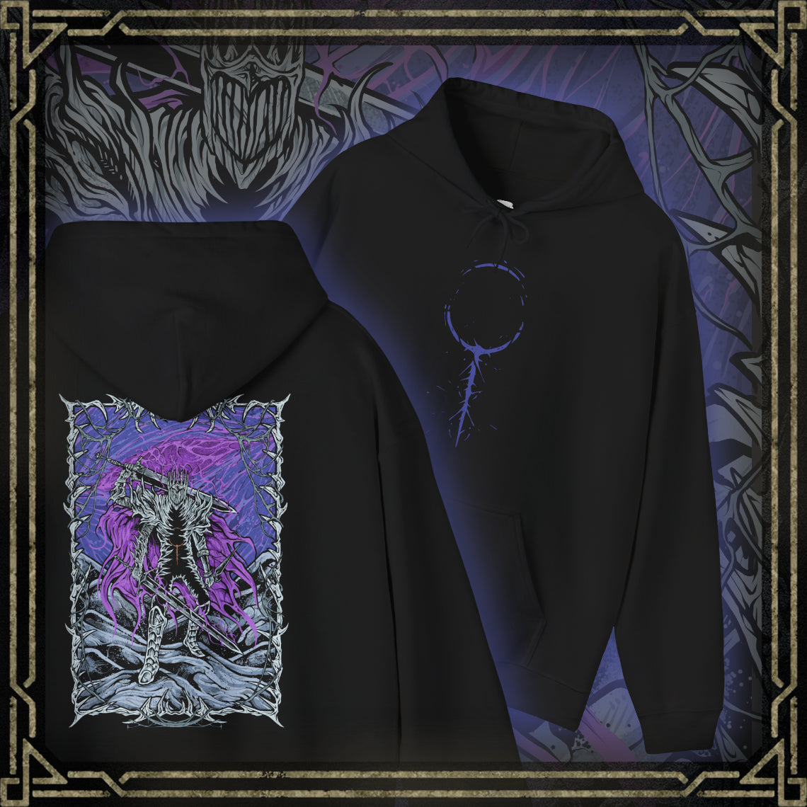 Thumbnail of a Elden Ring Nightreign Hooded Sweatshirt featuring Heolstor the Nightlord, the cursed knight who rose alone from a grave of fallen warriors. Now master of the Night’s Tide, he summons abominations and champions from other worlds to spread darkness across the Lands Between. This design embodies the despair, power, and myth of one of the game’s most fearsome lords.
