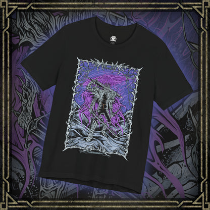 Thumbnail of a T-shirt featuring Heolstor the Nightlord from Elden Ring Nightreign, a once-fallen knight who rose from a mountain of corpses to curse the world. Ruling the Lands Between after the Shattering, Heolstor commands monsters and champions from other realms, embodying the terror of the Night’s Tide. This design captures the grim majesty of his eternal rule.