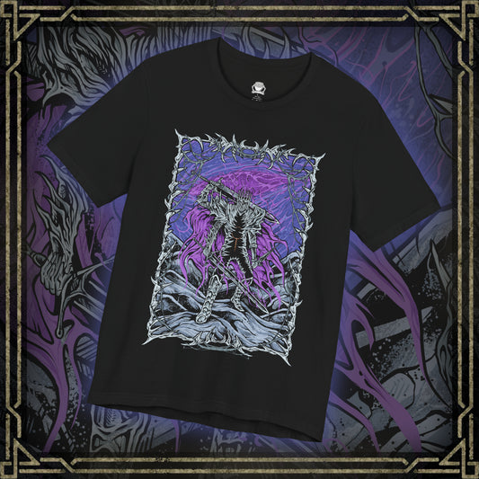 Thumbnail of a T-shirt featuring Heolstor the Nightlord from Elden Ring Nightreign, a once-fallen knight who rose from a mountain of corpses to curse the world. Ruling the Lands Between after the Shattering, Heolstor commands monsters and champions from other realms, embodying the terror of the Night’s Tide. This design captures the grim majesty of his eternal rule.
