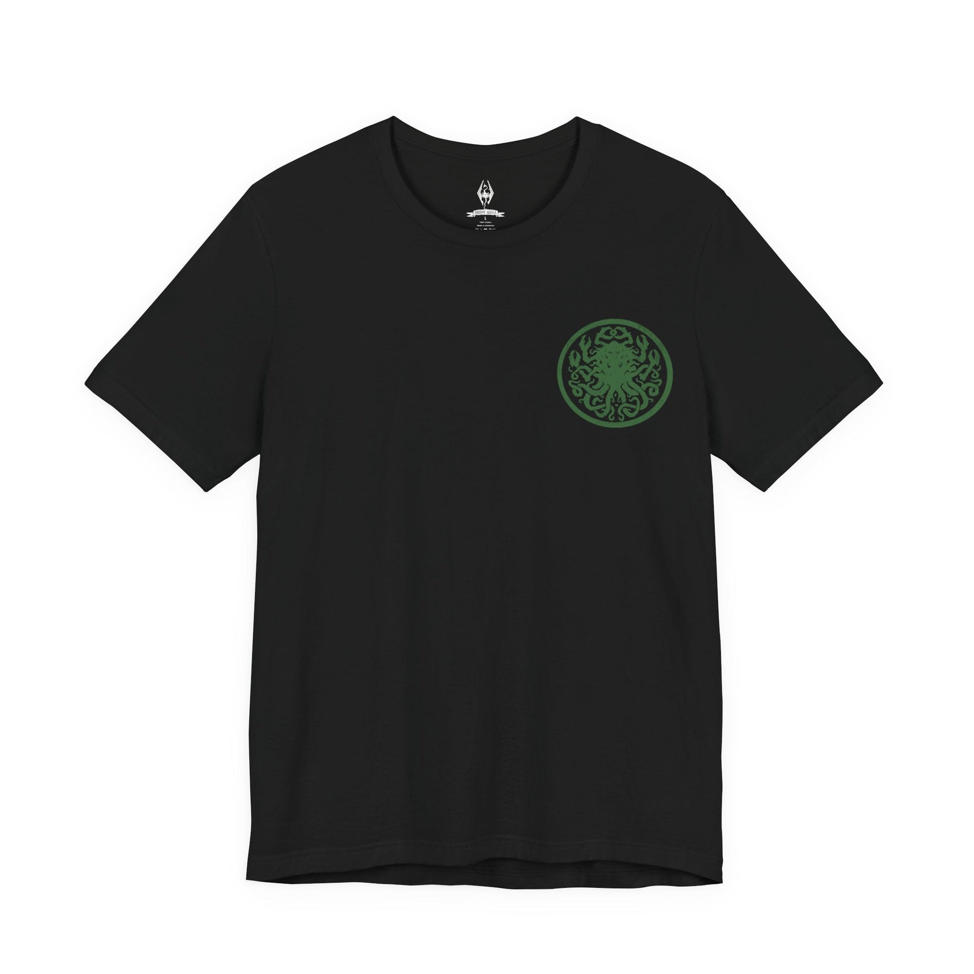 Image 4 of a Skyrim T-shirt showcasing Miraak and Hermaeus Mora in the surreal realm of Apocrypha. Surrounded by writhing tendrils, floating pages, and eldritch structures, Miraak stands empowered by knowledge stolen from the Daedric Prince. This artwork reflects the corruption, ambition, and cosmic dread that define the Dragonborn’s climactic struggle against the First.