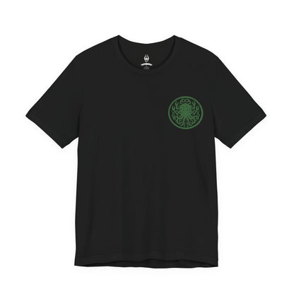 Image 4 of a Skyrim T-shirt showcasing Miraak and Hermaeus Mora in the surreal realm of Apocrypha. Surrounded by writhing tendrils, floating pages, and eldritch structures, Miraak stands empowered by knowledge stolen from the Daedric Prince. This artwork reflects the corruption, ambition, and cosmic dread that define the Dragonborn’s climactic struggle against the First.