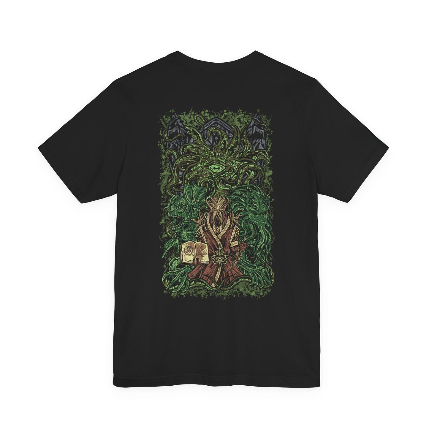 Image 5 of a Skyrim T-shirt showcasing Miraak and Hermaeus Mora in the surreal realm of Apocrypha. Surrounded by writhing tendrils, floating pages, and eldritch structures, Miraak stands empowered by knowledge stolen from the Daedric Prince. This artwork reflects the corruption, ambition, and cosmic dread that define the Dragonborn’s climactic struggle against the First.