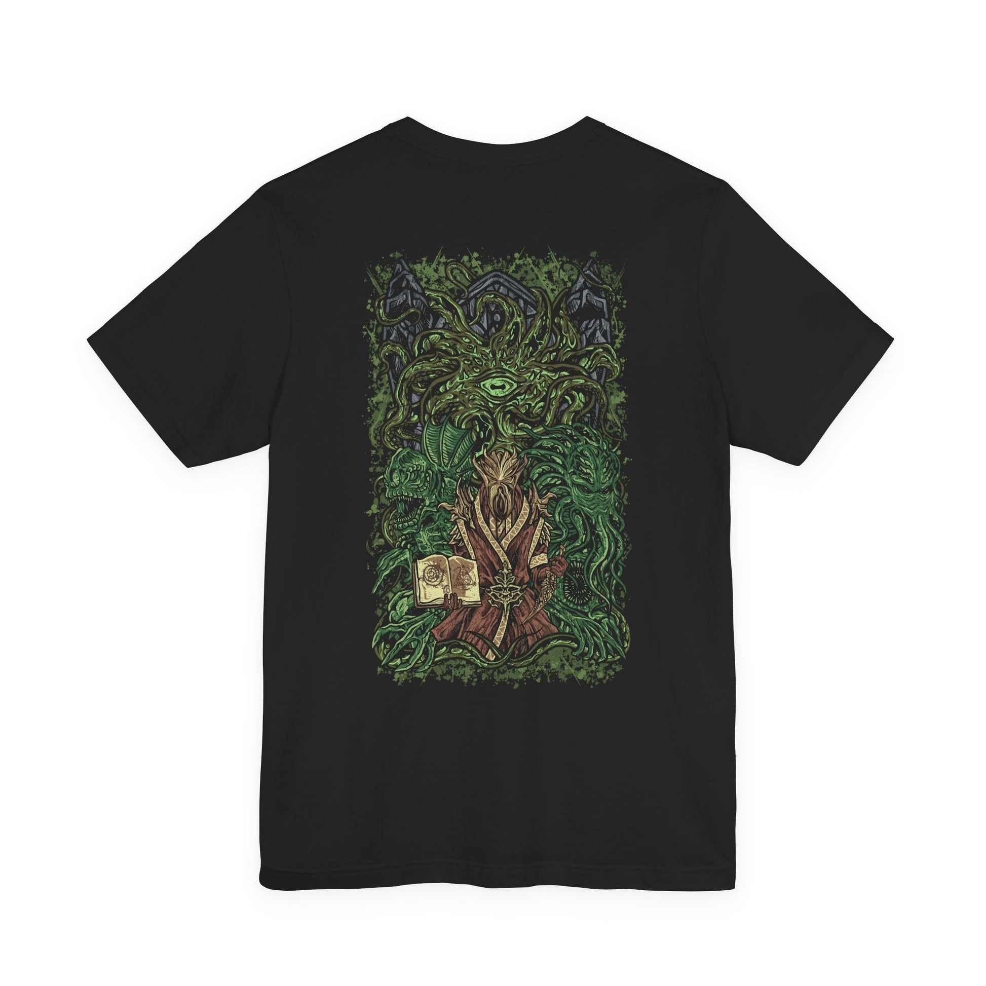 Image 5 of a Skyrim T-shirt showcasing Miraak and Hermaeus Mora in the surreal realm of Apocrypha. Surrounded by writhing tendrils, floating pages, and eldritch structures, Miraak stands empowered by knowledge stolen from the Daedric Prince. This artwork reflects the corruption, ambition, and cosmic dread that define the Dragonborn’s climactic struggle against the First.