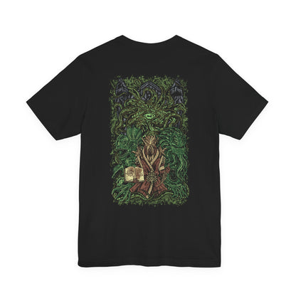 Image 5 of a Skyrim T-shirt showcasing Miraak and Hermaeus Mora in the surreal realm of Apocrypha. Surrounded by writhing tendrils, floating pages, and eldritch structures, Miraak stands empowered by knowledge stolen from the Daedric Prince. This artwork reflects the corruption, ambition, and cosmic dread that define the Dragonborn’s climactic struggle against the First.