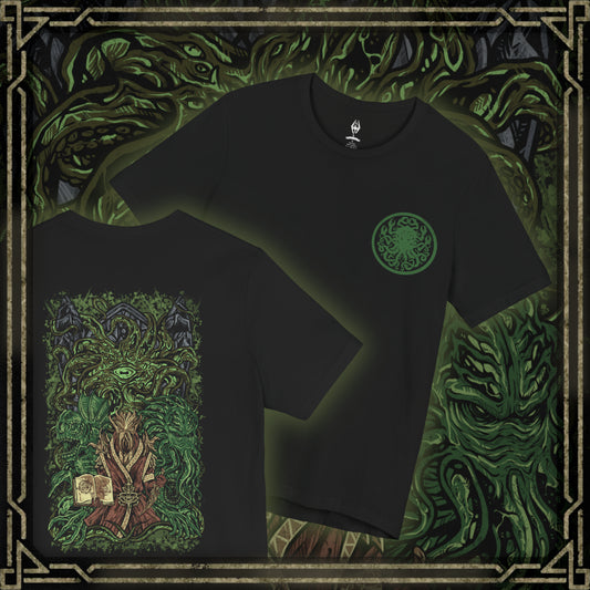Thumbnail of a Skyrim T-shirt showcasing Miraak and Hermaeus Mora in the surreal realm of Apocrypha. Surrounded by writhing tendrils, floating pages, and eldritch structures, Miraak stands empowered by knowledge stolen from the Daedric Prince. This artwork reflects the corruption, ambition, and cosmic dread that define the Dragonborn’s climactic struggle against the First.