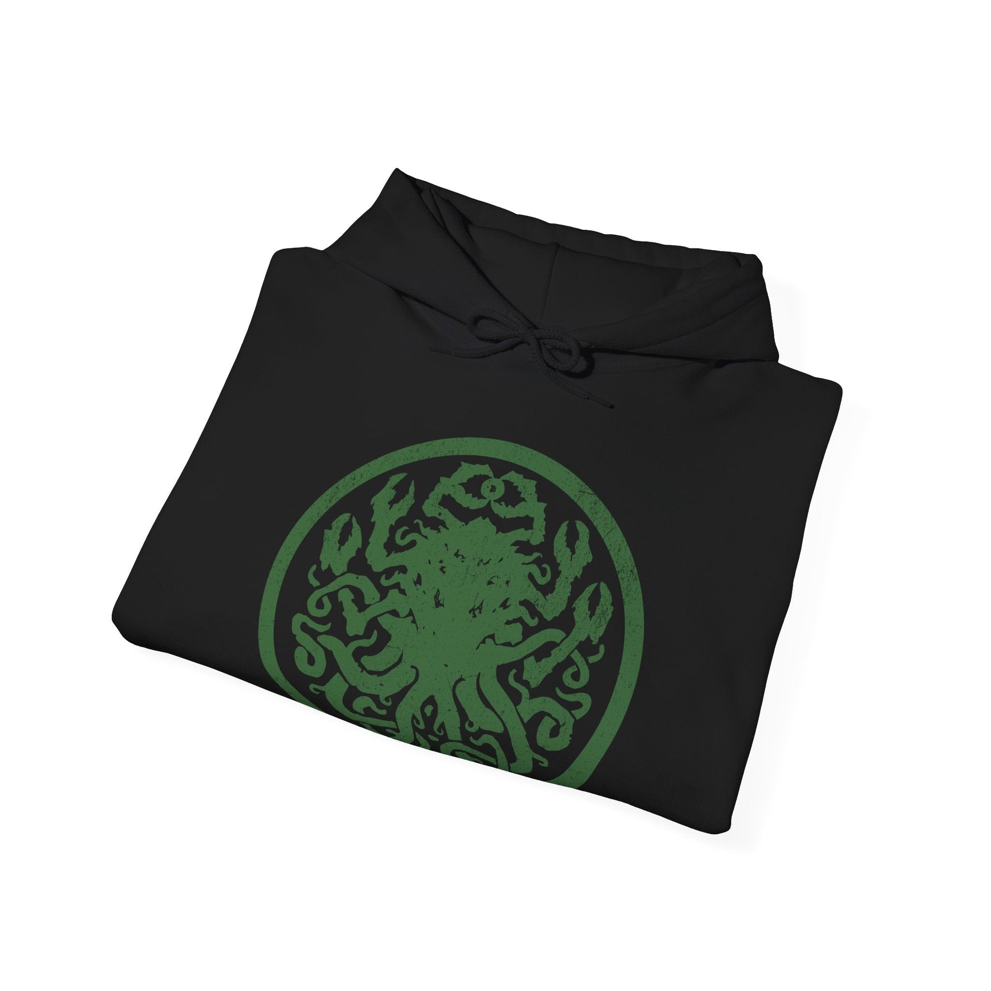 Image 6 of a Hooded Sweatshirt inspired by Apocrypha from Skyrim, featuring Hermaeus Mora—the Daedric Prince of forbidden wisdom—and Miraak, the rogue Dragonborn who sought dominion beyond Mundus. Encircled by green void-light and shifting tomes, this design captures the eerie silence of Apocrypha, where knowledge is power, secrets demand a price, and escape is never guaranteed.