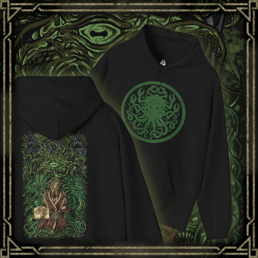 Thumbnail of a Hooded Sweatshirt inspired by Apocrypha from Skyrim, featuring Hermaeus Mora—the Daedric Prince of forbidden wisdom—and Miraak, the rogue Dragonborn who sought dominion beyond Mundus. Encircled by green void-light and shifting tomes, this design captures the eerie silence of Apocrypha, where knowledge is power, secrets demand a price, and escape is never guaranteed.