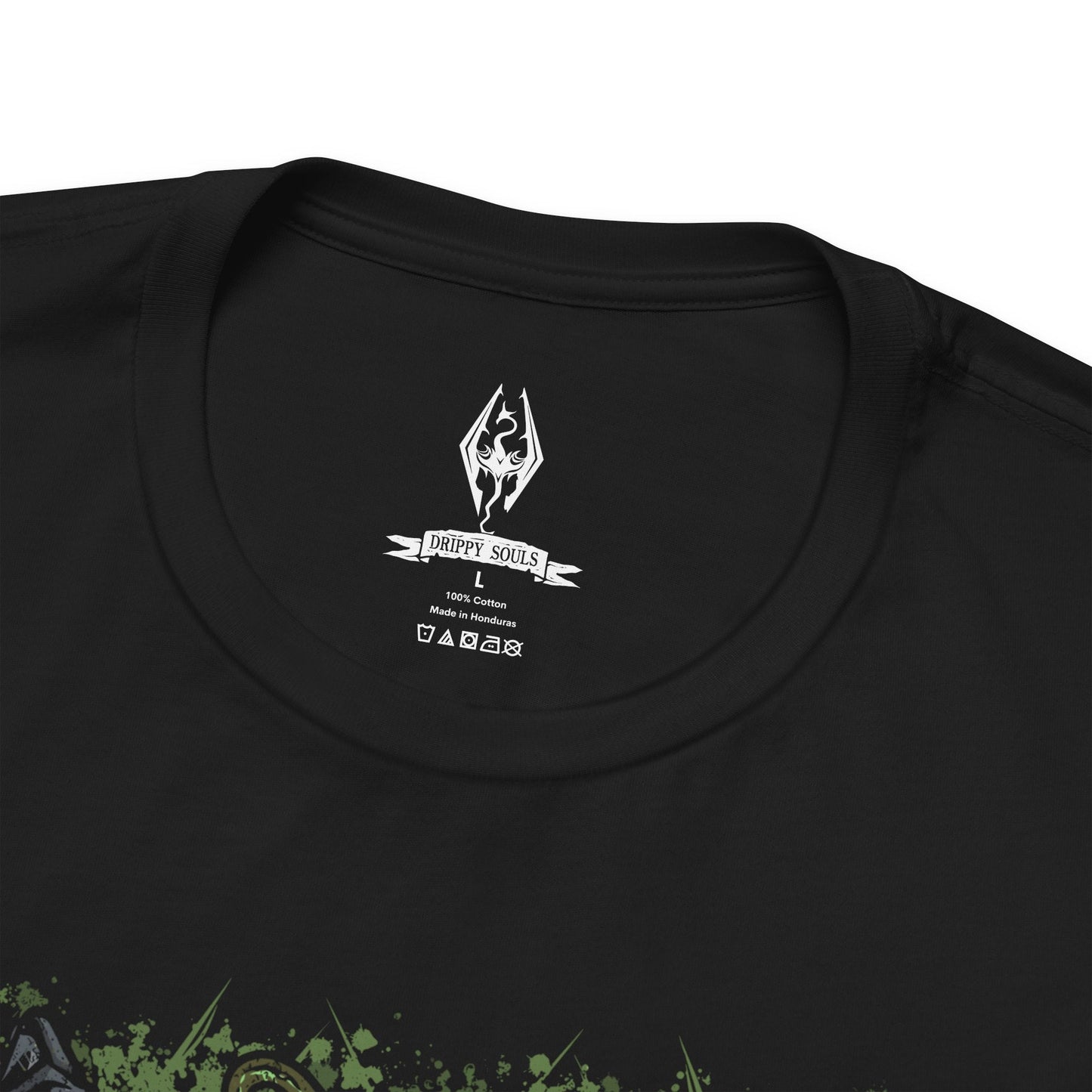 Folded T-shirt featuring Apocrypha, Hermaeus Mora, and Miraak from The Elder Scrolls V: Skyrim – Dragonborn DLC. Set within the endless, shifting library of forbidden knowledge, this design highlights the Watcher of Fate and Tomes and his first Dragonborn servant. Tentacles, ancient runes, and swirling green mists capture Miraak’s betrayal, his hunger for power, and the dark pact binding him to the Daedric Prince of Secrets.