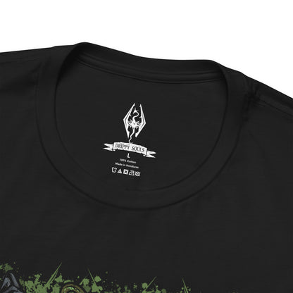 Folded T-shirt featuring Apocrypha, Hermaeus Mora, and Miraak from The Elder Scrolls V: Skyrim – Dragonborn DLC. Set within the endless, shifting library of forbidden knowledge, this design highlights the Watcher of Fate and Tomes and his first Dragonborn servant. Tentacles, ancient runes, and swirling green mists capture Miraak’s betrayal, his hunger for power, and the dark pact binding him to the Daedric Prince of Secrets.