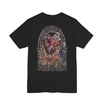 Image 5 of a T-Shirt artwork depicting Hoarah Loux charging across a shattered battlefield, his enormous frame radiating raw physical power as dust and debris explode beneath his feet. His savage expression and imposing stance reveal the warrior beneath the regal identity of Godfrey. This design reflects his history as a legendary barbarian, relentless fighter, and master of devastating close-quarters combat.