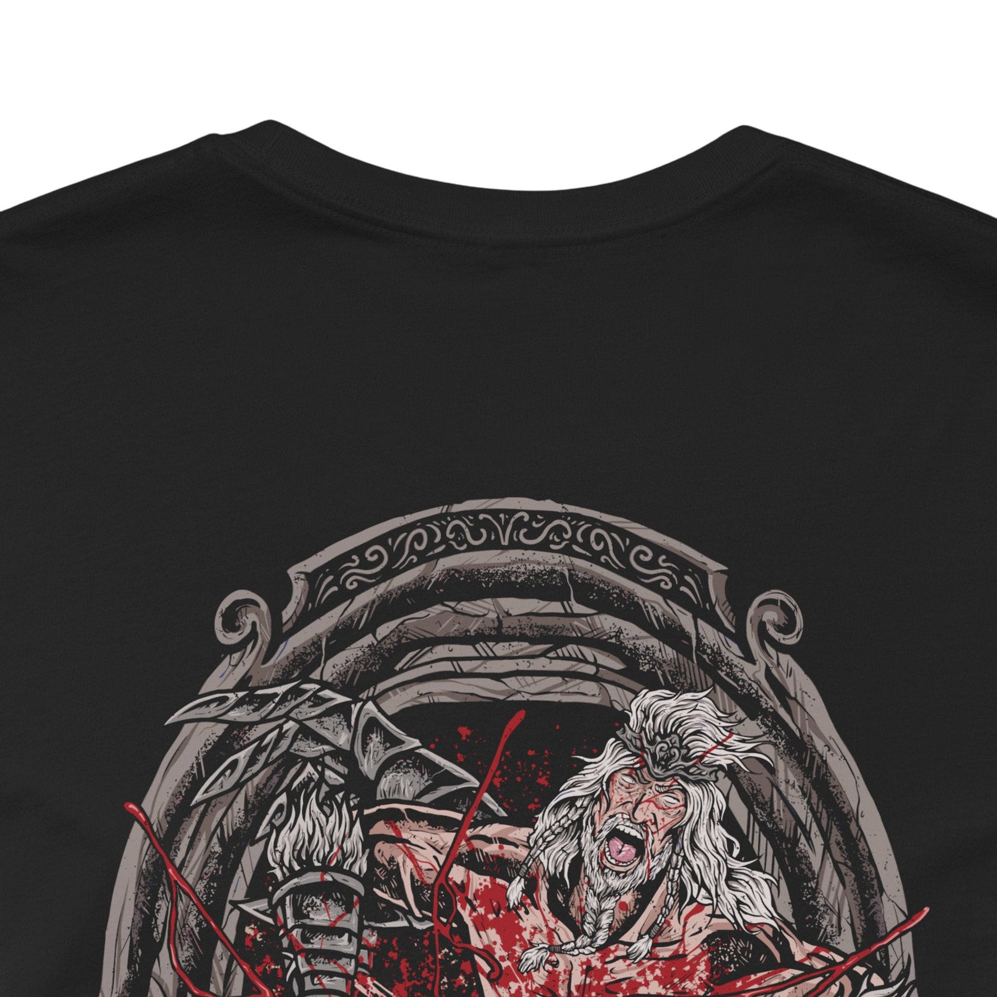 Image 7 of a T-Shirt artwork depicting Hoarah Loux charging across a shattered battlefield, his enormous frame radiating raw physical power as dust and debris explode beneath his feet. His savage expression and imposing stance reveal the warrior beneath the regal identity of Godfrey. This design reflects his history as a legendary barbarian, relentless fighter, and master of devastating close-quarters combat.