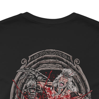 Image 7 of a T-Shirt artwork depicting Hoarah Loux charging across a shattered battlefield, his enormous frame radiating raw physical power as dust and debris explode beneath his feet. His savage expression and imposing stance reveal the warrior beneath the regal identity of Godfrey. This design reflects his history as a legendary barbarian, relentless fighter, and master of devastating close-quarters combat.