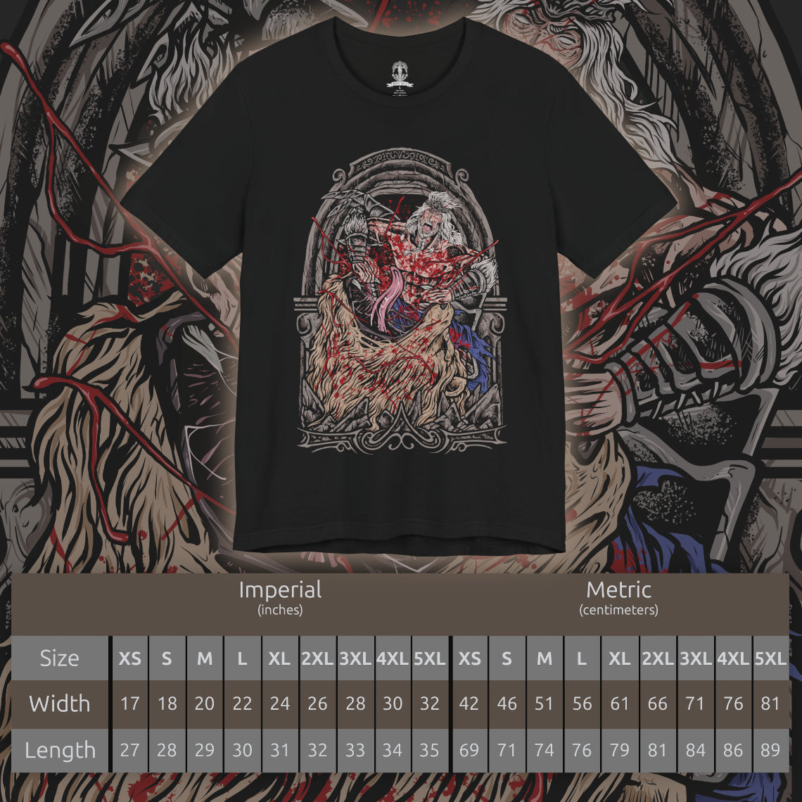 Size chart of a T-Shirt artwork depicting Hoarah Loux charging across a shattered battlefield, his enormous frame radiating raw physical power as dust and debris explode beneath his feet. His savage expression and imposing stance reveal the warrior beneath the regal identity of Godfrey. This design reflects his history as a legendary barbarian, relentless fighter, and master of devastating close-quarters combat.