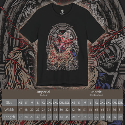 Size chart of a T-Shirt artwork depicting Hoarah Loux charging across a shattered battlefield, his enormous frame radiating raw physical power as dust and debris explode beneath his feet. His savage expression and imposing stance reveal the warrior beneath the regal identity of Godfrey. This design reflects his history as a legendary barbarian, relentless fighter, and master of devastating close-quarters combat.