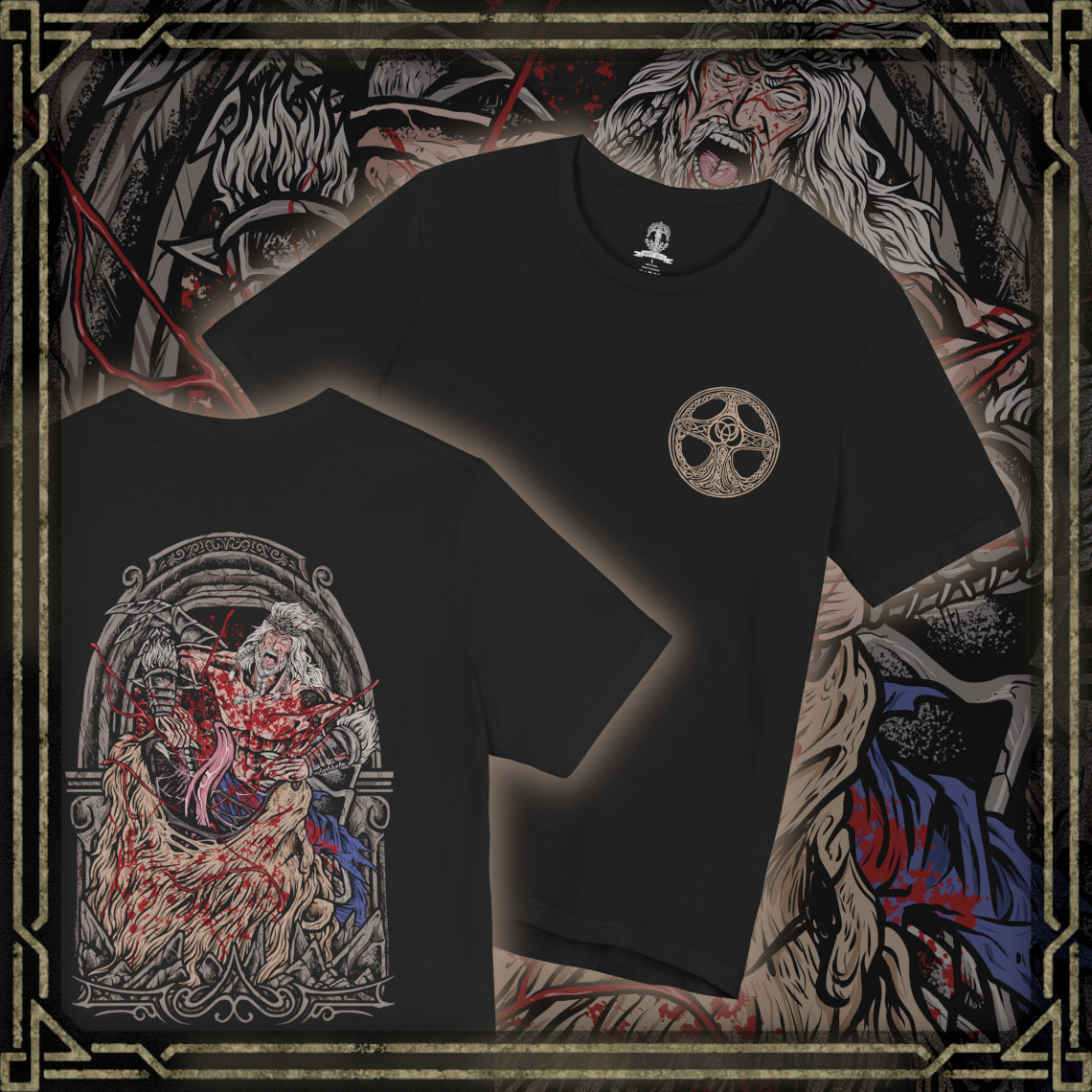 Thumbnail of a T-Shirt artwork depicting Hoarah Loux charging across a shattered battlefield, his enormous frame radiating raw physical power as dust and debris explode beneath his feet. His savage expression and imposing stance reveal the warrior beneath the regal identity of Godfrey. This design reflects his history as a legendary barbarian, relentless fighter, and master of devastating close-quarters combat.