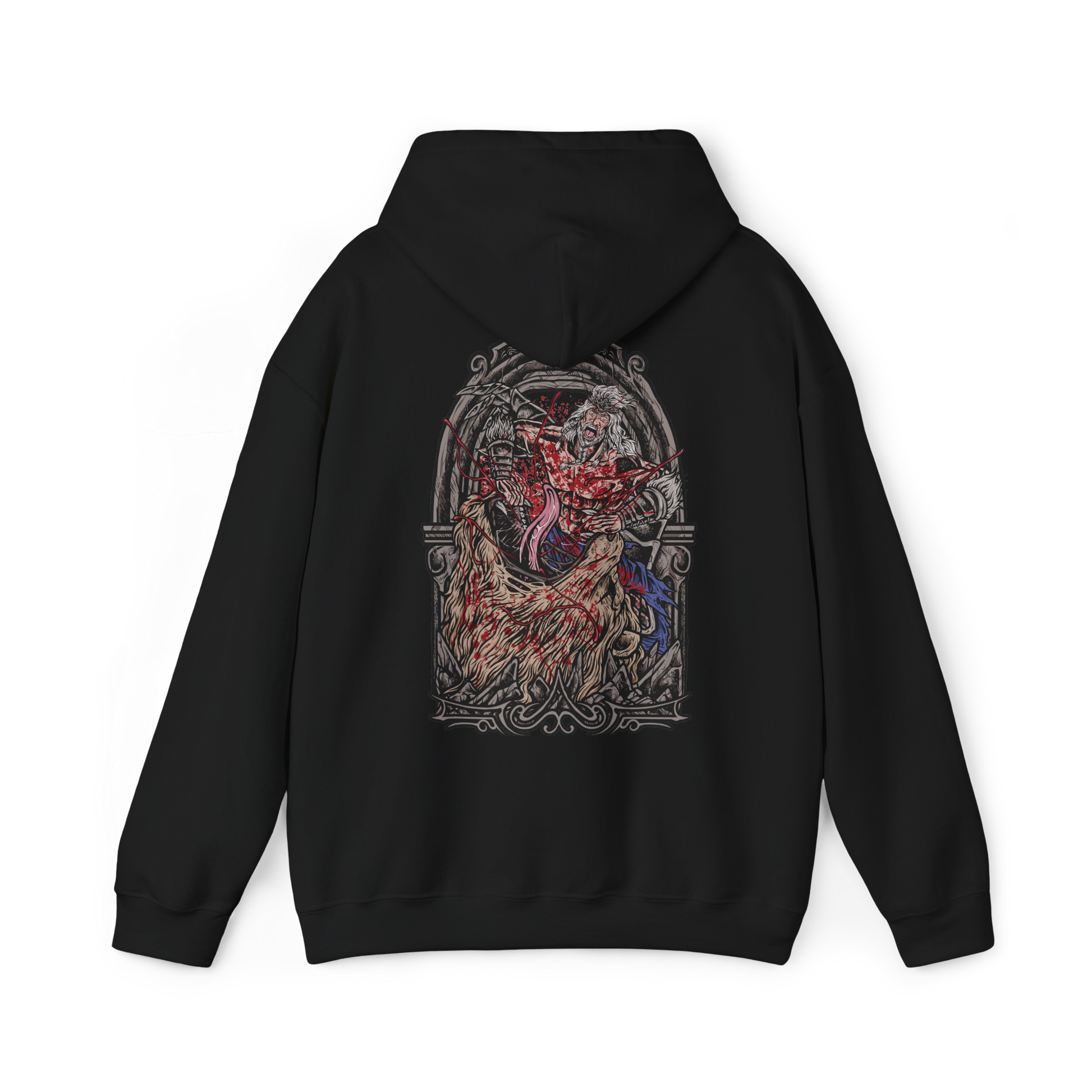 Image 5 of a Hooded Sweatshirt of Hoarah Loux unleashing his primal fury beneath a storm-filled sky, slamming into the ground with enough force to fracture the battlefield around him. His battle-worn body and wild mane emphasize the ferocity of the ancient warrior. The composition highlights strength, brutality, and the return of Godfrey's true warrior nature during the final battle in the Lands Between.