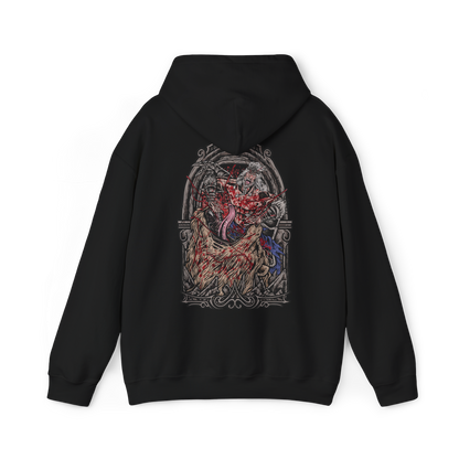 Image 5 of a Hooded Sweatshirt of Hoarah Loux unleashing his primal fury beneath a storm-filled sky, slamming into the ground with enough force to fracture the battlefield around him. His battle-worn body and wild mane emphasize the ferocity of the ancient warrior. The composition highlights strength, brutality, and the return of Godfrey's true warrior nature during the final battle in the Lands Between.