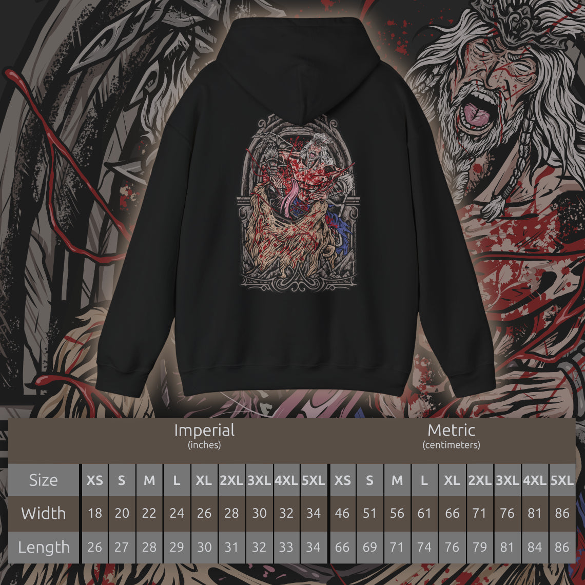 Size chart of a Hooded Sweatshirt of Hoarah Loux unleashing his primal fury beneath a storm-filled sky, slamming into the ground with enough force to fracture the battlefield around him. His battle-worn body and wild mane emphasize the ferocity of the ancient warrior. The composition highlights strength, brutality, and the return of Godfrey's true warrior nature during the final battle in the Lands Between.
