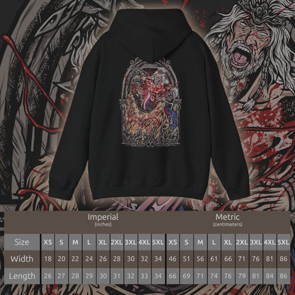 Size chart of a Hooded Sweatshirt of Hoarah Loux unleashing his primal fury beneath a storm-filled sky, slamming into the ground with enough force to fracture the battlefield around him. His battle-worn body and wild mane emphasize the ferocity of the ancient warrior. The composition highlights strength, brutality, and the return of Godfrey's true warrior nature during the final battle in the Lands Between.