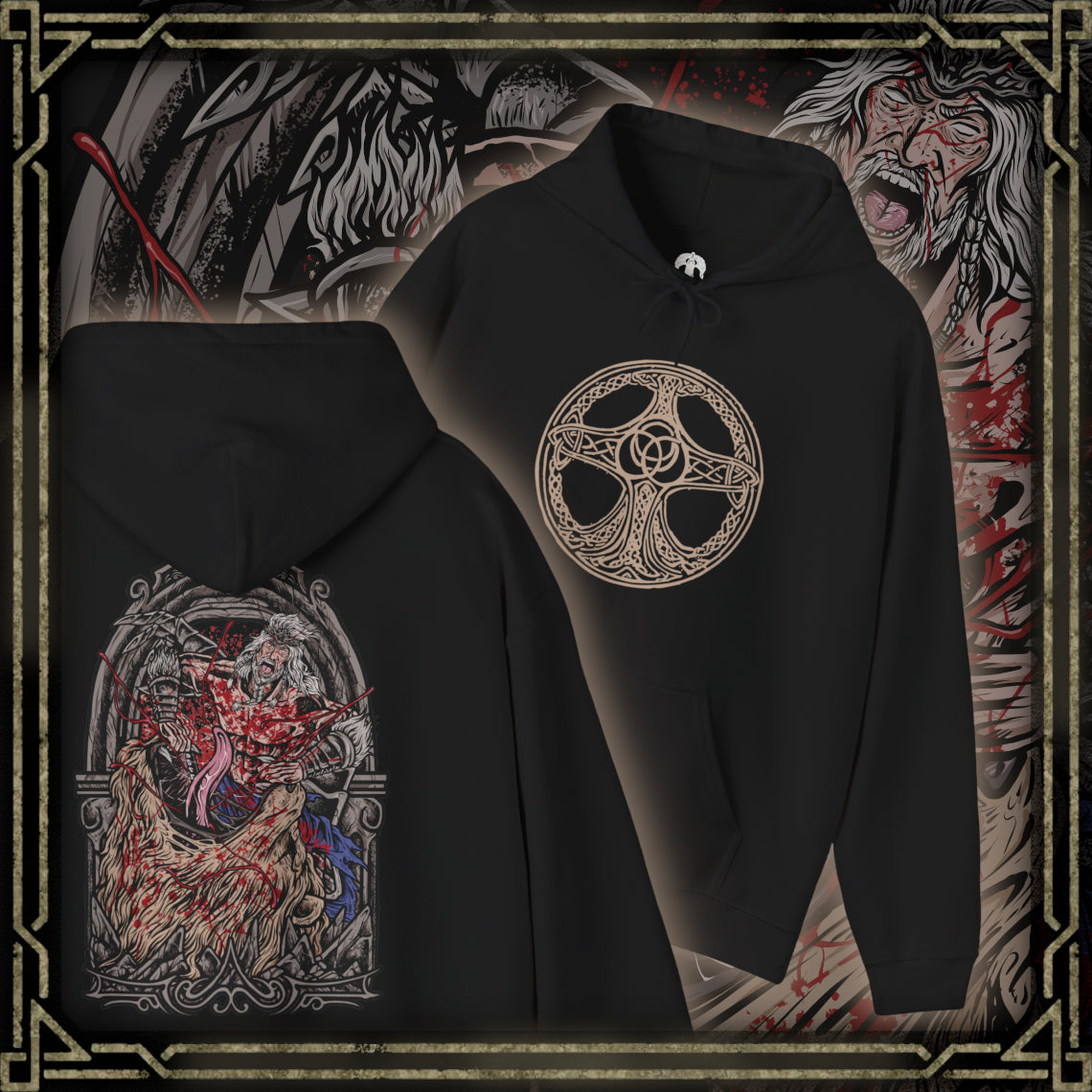 Thumbnail of a Hooded Sweatshirt of Hoarah Loux unleashing his primal fury beneath a storm-filled sky, slamming into the ground with enough force to fracture the battlefield around him. His battle-worn body and wild mane emphasize the ferocity of the ancient warrior. The composition highlights strength, brutality, and the return of Godfrey's true warrior nature during the final battle in the Lands Between.