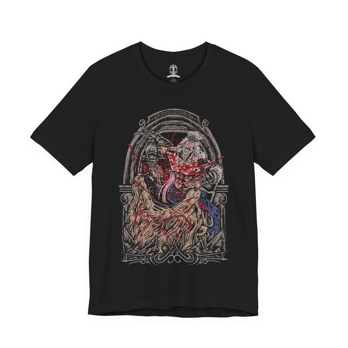 Image 4 of a T-Shirt design of Hoarah Loux from Elden Ring, the legendary warrior standing amid the ruins of Leyndell with his massive body covered in battle scars. Golden light and swirling ash surround him as he prepares to unleash his brutal grappling techniques. The design captures the primal strength of the warrior who once ruled as a fierce chieftain before becoming Godfrey, First Elden Lord.