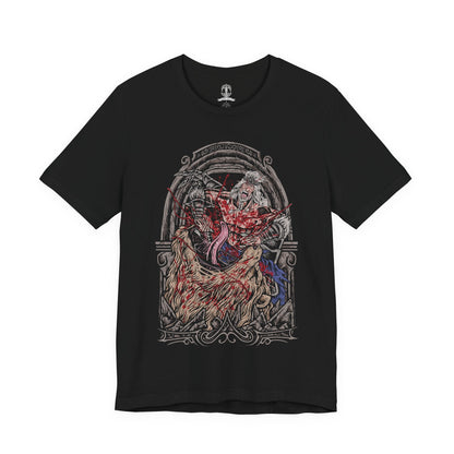 Image 4 of a T-Shirt design of Hoarah Loux from Elden Ring, the legendary warrior standing amid the ruins of Leyndell with his massive body covered in battle scars. Golden light and swirling ash surround him as he prepares to unleash his brutal grappling techniques. The design captures the primal strength of the warrior who once ruled as a fierce chieftain before becoming Godfrey, First Elden Lord.