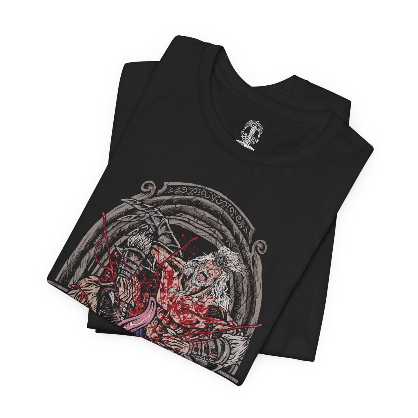 Image 5 of a T-Shirt design of Hoarah Loux from Elden Ring, the legendary warrior standing amid the ruins of Leyndell with his massive body covered in battle scars. Golden light and swirling ash surround him as he prepares to unleash his brutal grappling techniques. The design captures the primal strength of the warrior who once ruled as a fierce chieftain before becoming Godfrey, First Elden Lord.