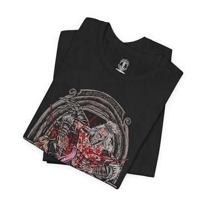 Image 5 of a T-Shirt design of Hoarah Loux from Elden Ring, the legendary warrior standing amid the ruins of Leyndell with his massive body covered in battle scars. Golden light and swirling ash surround him as he prepares to unleash his brutal grappling techniques. The design captures the primal strength of the warrior who once ruled as a fierce chieftain before becoming Godfrey, First Elden Lord.