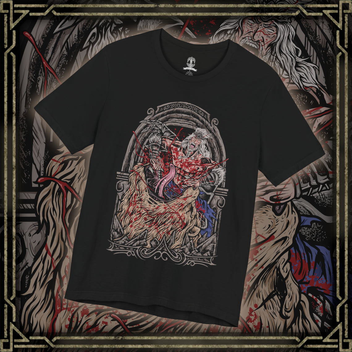 Thumbnail of a T-Shirt design of Hoarah Loux from Elden Ring, the legendary warrior standing amid the ruins of Leyndell with his massive body covered in battle scars. Golden light and swirling ash surround him as he prepares to unleash his brutal grappling techniques. The design captures the primal strength of the warrior who once ruled as a fierce chieftain before becoming Godfrey, First Elden Lord.