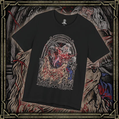 Thumbnail of a T-Shirt design of Hoarah Loux from Elden Ring, the legendary warrior standing amid the ruins of Leyndell with his massive body covered in battle scars. Golden light and swirling ash surround him as he prepares to unleash his brutal grappling techniques. The design captures the primal strength of the warrior who once ruled as a fierce chieftain before becoming Godfrey, First Elden Lord.
