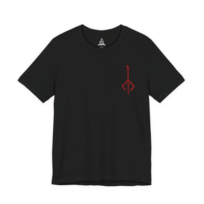 Image 4 of a T-shirt featuring the Hunter of Yharnam from Bloodborne, cloaked in worn leathers and wielding iconic trick weapons amid a city drenched in blood and madness. As a lone warrior facing beasts and cosmic horrors, the Hunter stands as a symbol of perseverance in a world ruled by eldritch decay. This design captures the gothic horror at the heart of the Hunt.
