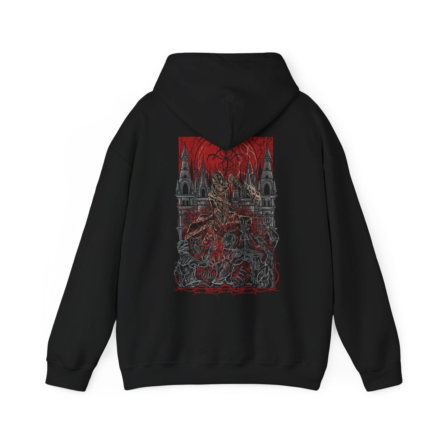 Image 5 of a Hooded Sweatshirt showcasing the iconic Hunter of Yharnam from Bloodborne, set against a haunting moonlit backdrop. The Night of the Hunt is in full swing, with the Hunter venturing into cursed alleys and blood-drenched chapels. This artwork evokes the dread and resolve at the heart of the game’s relentless cycle of blood, beasts, and rebirth.