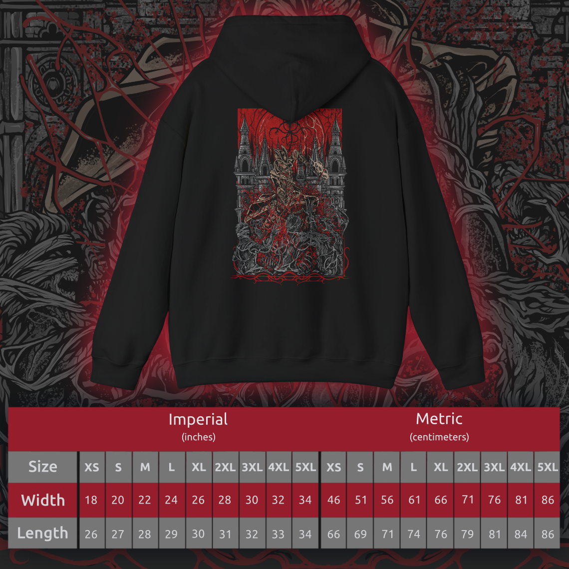 Size chart of a Hooded Sweatshirt showcasing the iconic Hunter of Yharnam from Bloodborne, set against a haunting moonlit backdrop. The Night of the Hunt is in full swing, with the Hunter venturing into cursed alleys and blood-drenched chapels. This artwork evokes the dread and resolve at the heart of the game’s relentless cycle of blood, beasts, and rebirth.