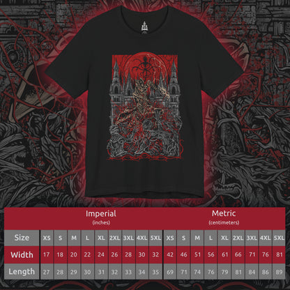 Size chart of a T-shirt featuring a Hunter of Yharnam from Bloodborne, poised beneath a blood moon on the Night of the Hunt. Cloaked in gothic attire and armed with a trick weapon, the Hunter stalks the streets of Yharnam, battling beasts and madness alike. This design captures the eerie, violent elegance of the hunt’s grim ritual.