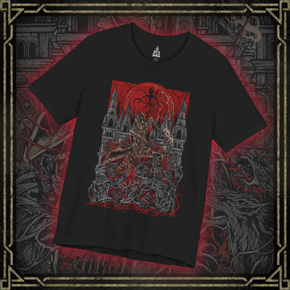 Thumbnail of a T-shirt featuring a Hunter of Yharnam from Bloodborne, poised beneath a blood moon on the Night of the Hunt. Cloaked in gothic attire and armed with a trick weapon, the Hunter stalks the streets of Yharnam, battling beasts and madness alike. This design captures the eerie, violent elegance of the hunt’s grim ritual.