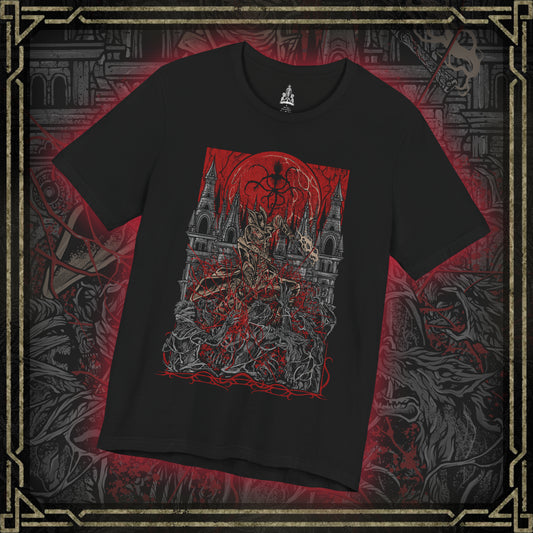 Thumbnail of a T-shirt featuring a Hunter of Yharnam from Bloodborne, poised beneath a blood moon on the Night of the Hunt. Cloaked in gothic attire and armed with a trick weapon, the Hunter stalks the streets of Yharnam, battling beasts and madness alike. This design captures the eerie, violent elegance of the hunt’s grim ritual.