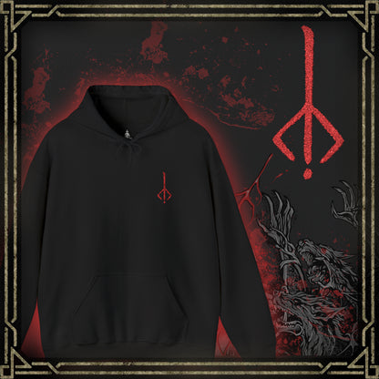 Thumbnail of a Embroidered hooded sweatshirt featuring the Hunter’s Mark from Bloodborne, the arcane sigil carved into the mind of every hunter. Resembling a twisted rune of an upside-down brand, it symbolizes the hunter’s return to the dream upon death. This design captures the eerie beauty of the mark—evoking the endless cycle of life, death, and rebirth that defines the Hunt.