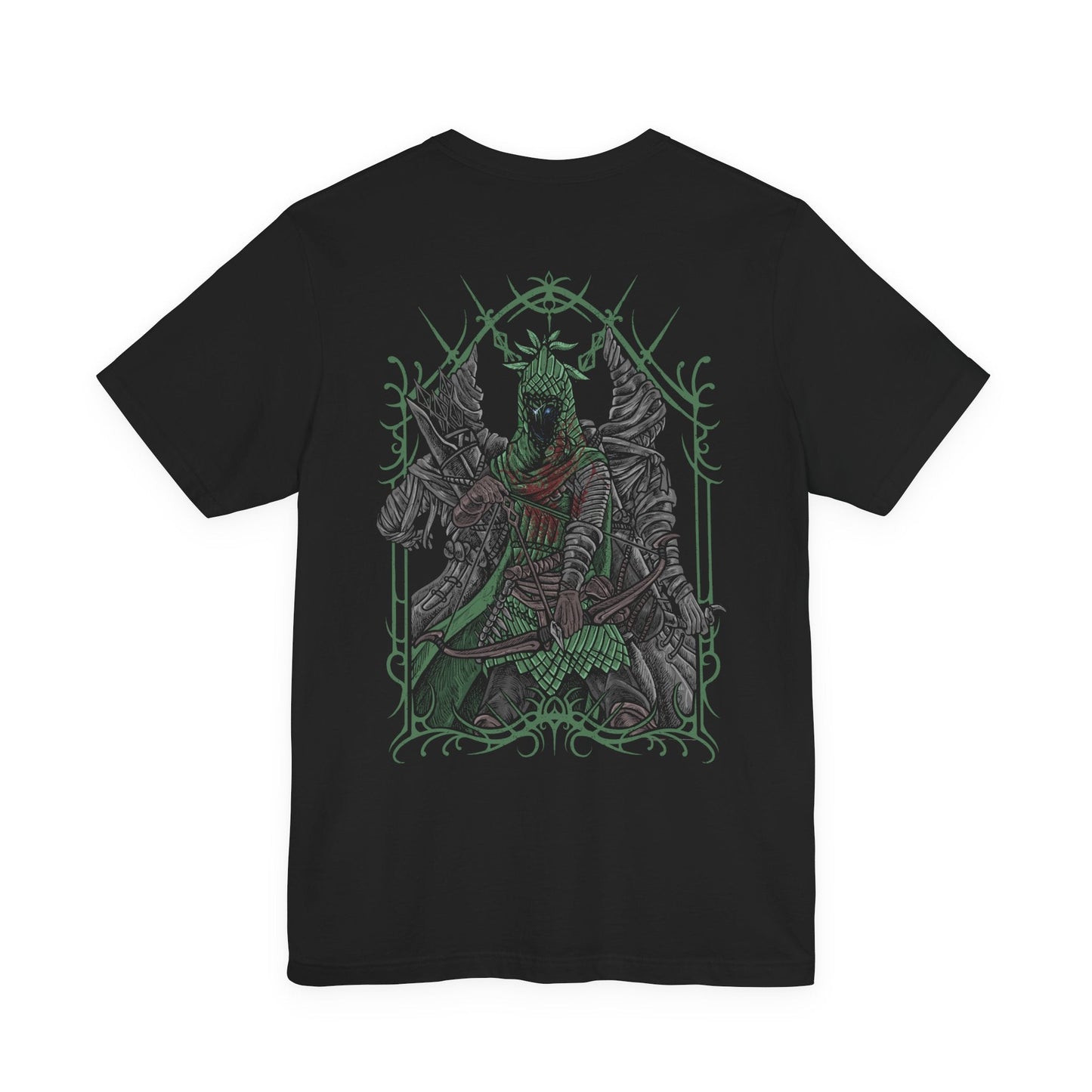 Image 5 of a T-shirt design of Ironeye from Elden Ring Nightreign, the Fellowship’s contract killer poised atop a ruined battlement as the eternal night stretches across Limveld. Cloaked in shadow, he pulls back his bowstring while pale deathly energy flickers around him, revealing his true nature as one of Those Who Live in Death. The design captures a cold, calculating hunter who ensures the night never fades.