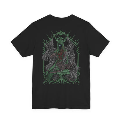 Image 5 of a T-shirt design of Ironeye from Elden Ring Nightreign, the Fellowship’s contract killer poised atop a ruined battlement as the eternal night stretches across Limveld. Cloaked in shadow, he pulls back his bowstring while pale deathly energy flickers around him, revealing his true nature as one of Those Who Live in Death. The design captures a cold, calculating hunter who ensures the night never fades.