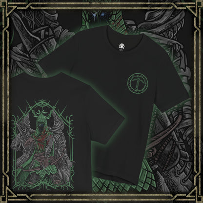Thumbnail of a T-shirt design of Ironeye from Elden Ring Nightreign, the Fellowship’s contract killer poised atop a ruined battlement as the eternal night stretches across Limveld. Cloaked in shadow, he pulls back his bowstring while pale deathly energy flickers around him, revealing his true nature as one of Those Who Live in Death. The design captures a cold, calculating hunter who ensures the night never fades.