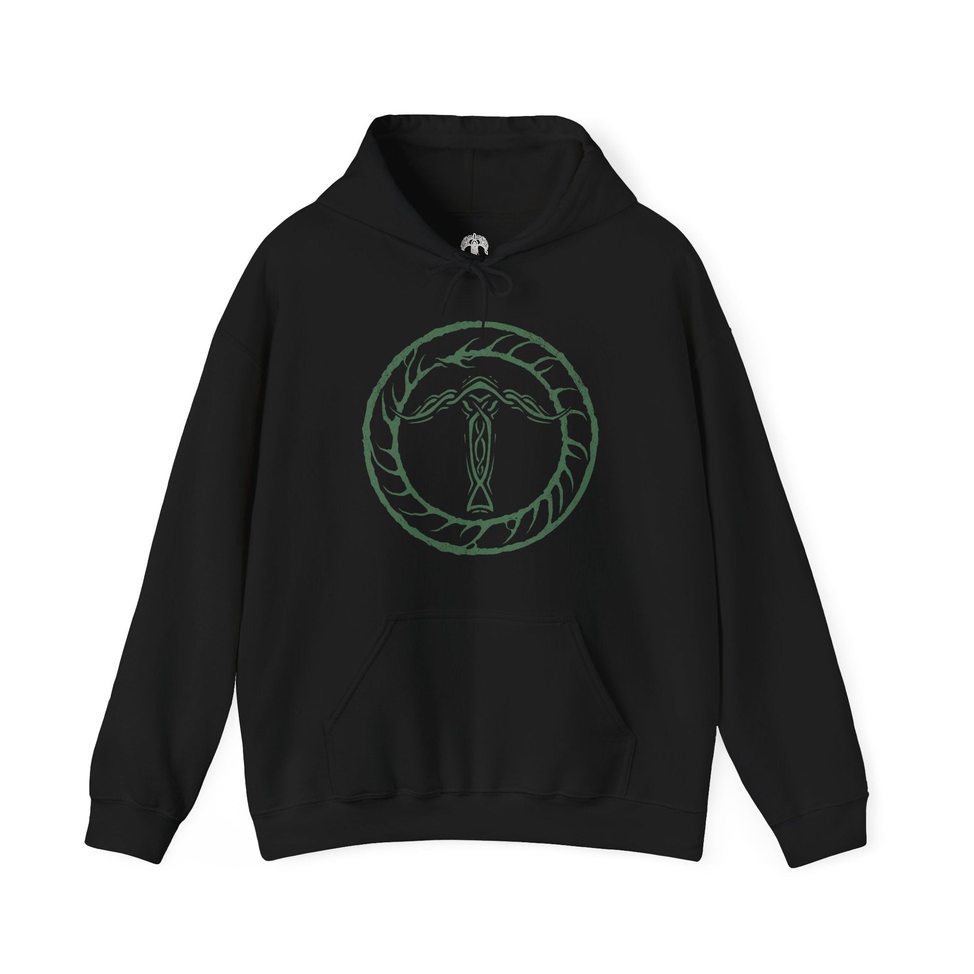 Image 4 of a Hooded Sweatshirt of Ironeye from Elden Ring Nightreign, a spectral archer emerging from deep shadow as the Night’s Tide consumes the lands of Limveld. His bow is raised toward unseen prey while faint necromantic light glows from his undead form beneath a tattered cloak. The design captures a hidden servant of darkness, determined to defeat the Night Lord and secure immortality within the endless night.