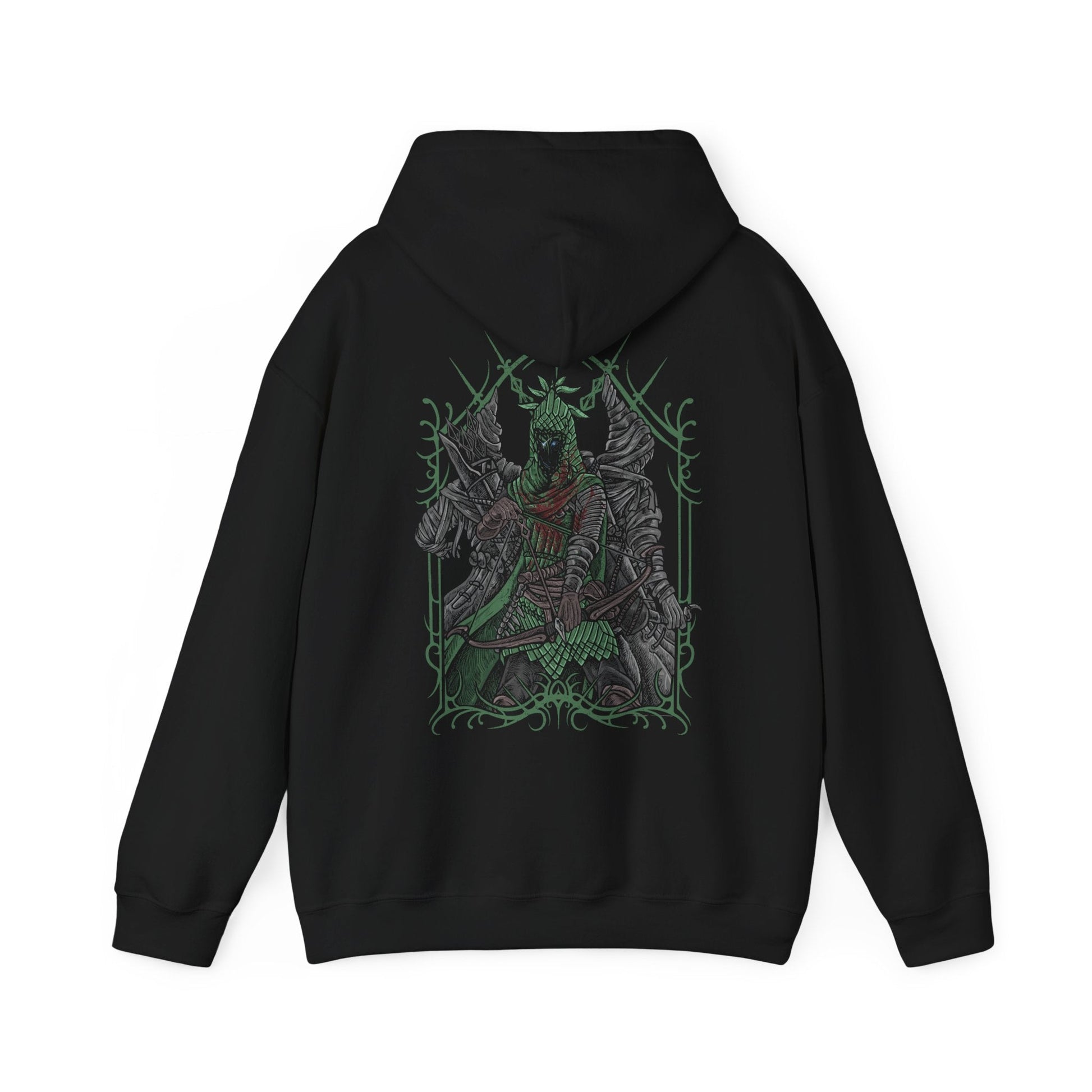 Image 5 of a Hooded Sweatshirt of Ironeye from Elden Ring Nightreign, a spectral archer emerging from deep shadow as the Night’s Tide consumes the lands of Limveld. His bow is raised toward unseen prey while faint necromantic light glows from his undead form beneath a tattered cloak. The design captures a hidden servant of darkness, determined to defeat the Night Lord and secure immortality within the endless night.