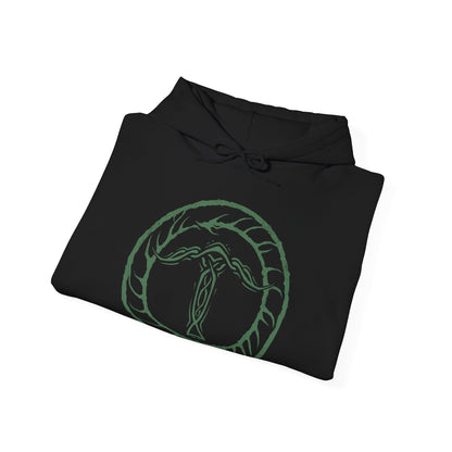 Image 6 of a Hooded Sweatshirt of Ironeye from Elden Ring Nightreign, a spectral archer emerging from deep shadow as the Night’s Tide consumes the lands of Limveld. His bow is raised toward unseen prey while faint necromantic light glows from his undead form beneath a tattered cloak. The design captures a hidden servant of darkness, determined to defeat the Night Lord and secure immortality within the endless night.