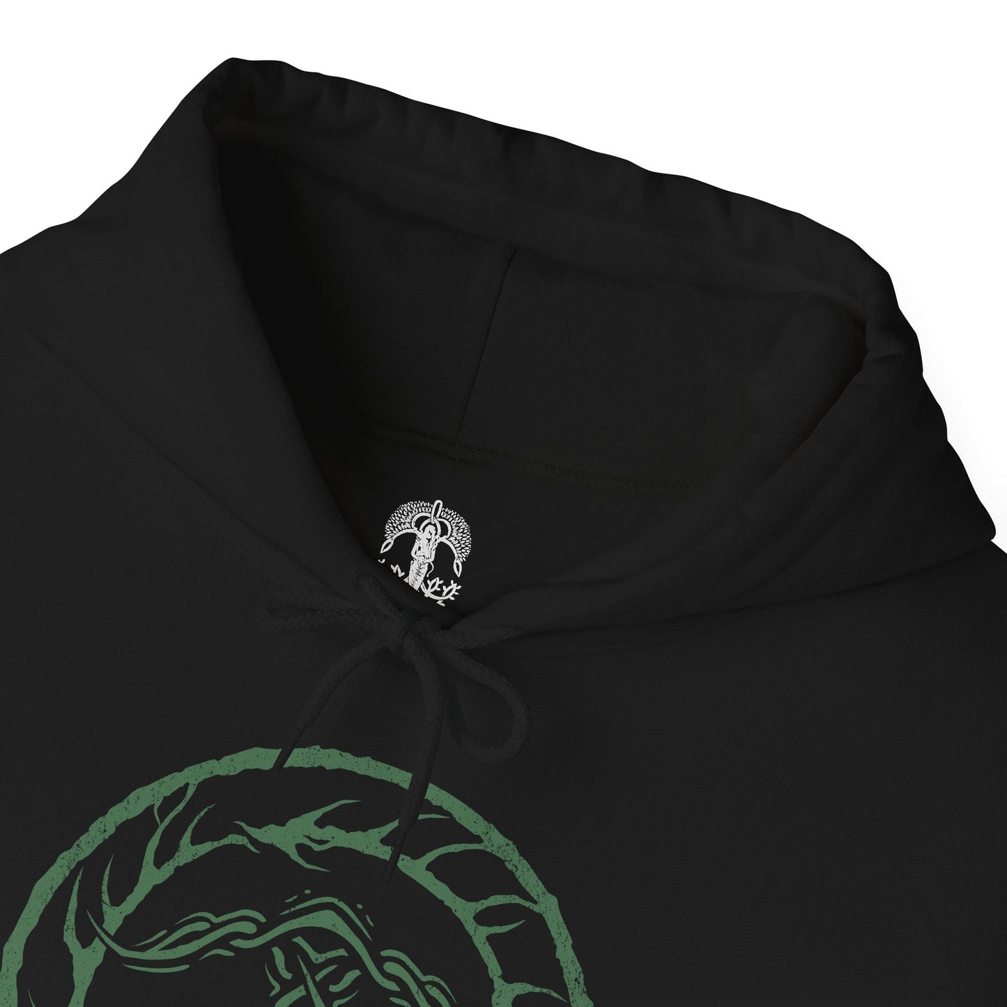 Folded Hooded Sweatshirt of Ironeye from Elden Ring Nightreign, a spectral archer emerging from deep shadow as the Night’s Tide consumes the lands of Limveld. His bow is raised toward unseen prey while faint necromantic light glows from his undead form beneath a tattered cloak. The design captures a hidden servant of darkness, determined to defeat the Night Lord and secure immortality within the endless night.