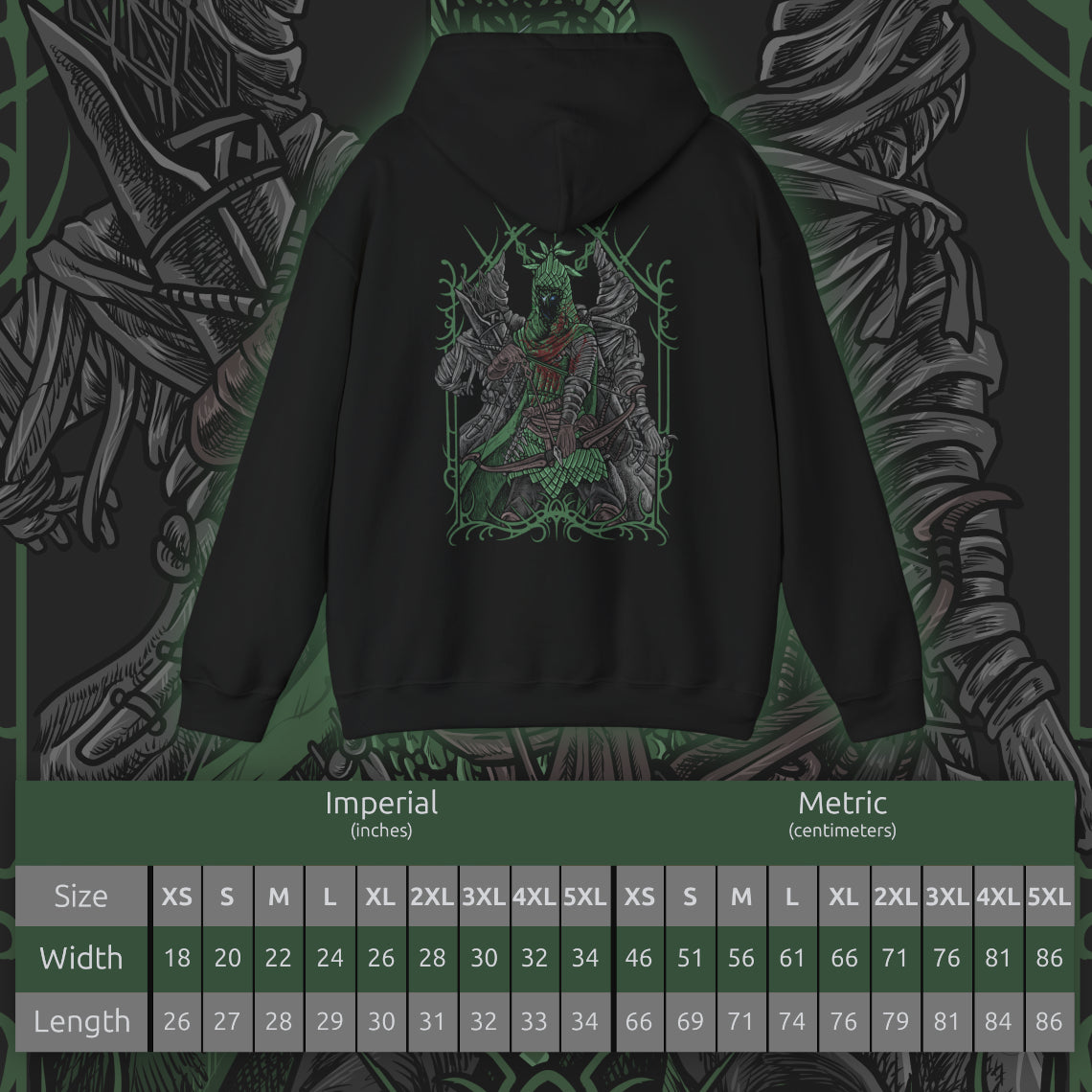 Size chart of a Hooded Sweatshirt of Ironeye from Elden Ring Nightreign, a spectral archer emerging from deep shadow as the Night’s Tide consumes the lands of Limveld. His bow is raised toward unseen prey while faint necromantic light glows from his undead form beneath a tattered cloak. The design captures a hidden servant of darkness, determined to defeat the Night Lord and secure immortality within the endless night.